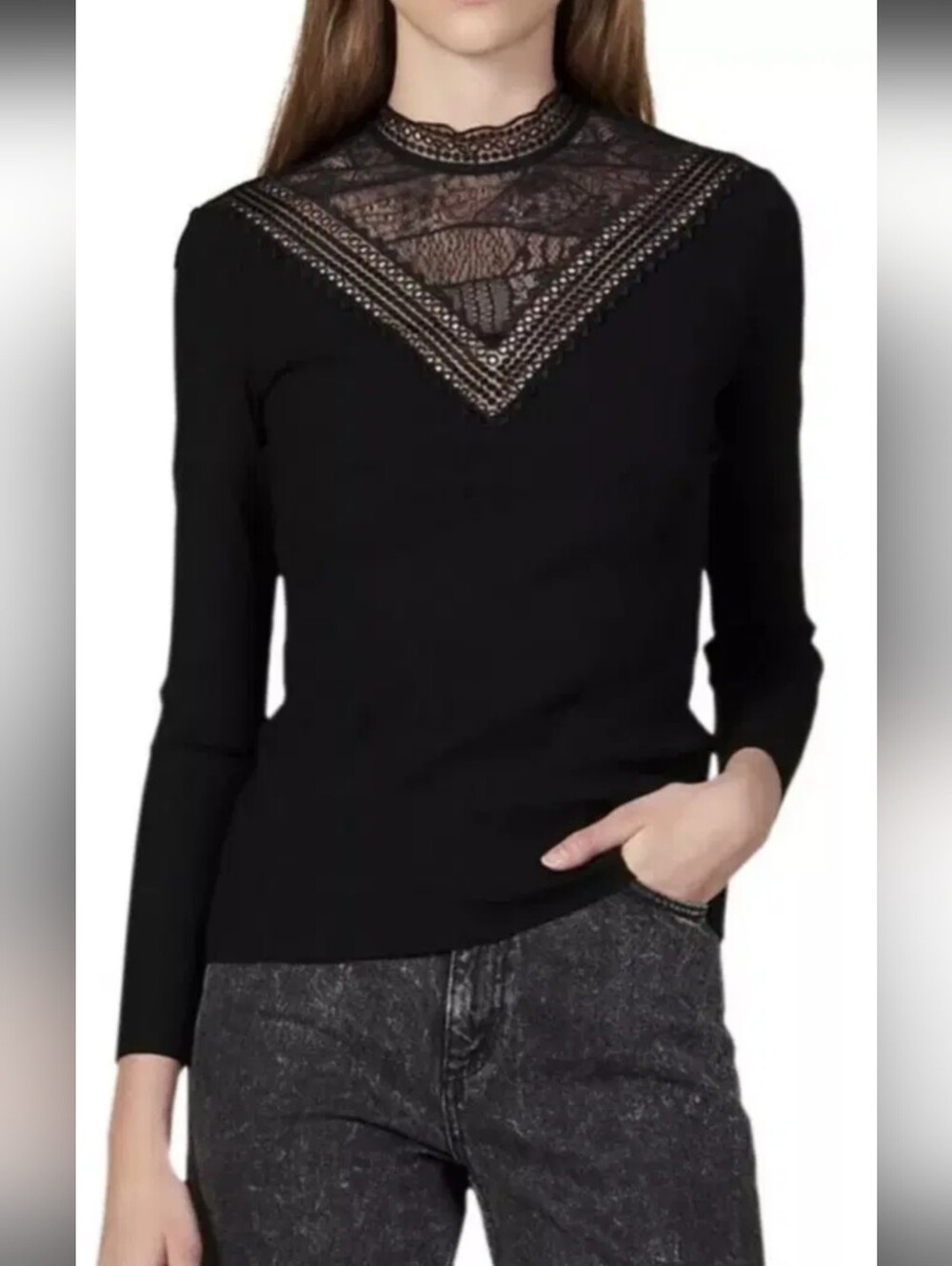 High-Neck Black Lace Inset Long Sleeve Tee